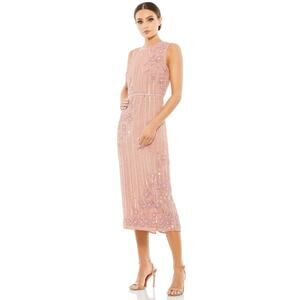 Mac Duggal 93592 Striped Floral Embellished Sleeveless Midi Dress Rose 12